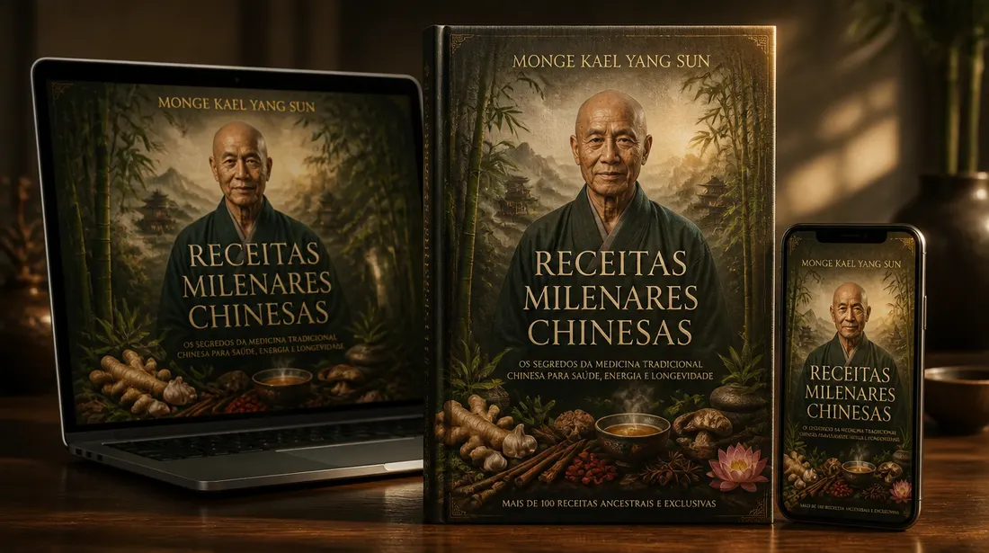 Livro Receitas Milenares Chinesas do monge Kael Yang Sun no computador, impresso e no celular